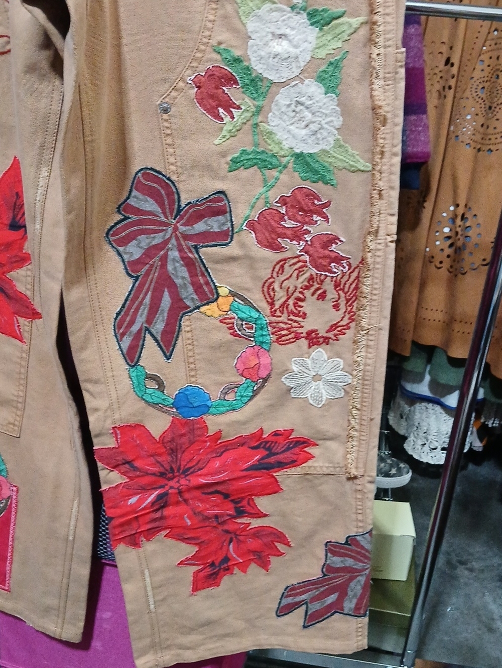 Free People "Bright Time Craft" Tan Embroidered Floral Wide-Leg Jeans - Picture 9 of 14